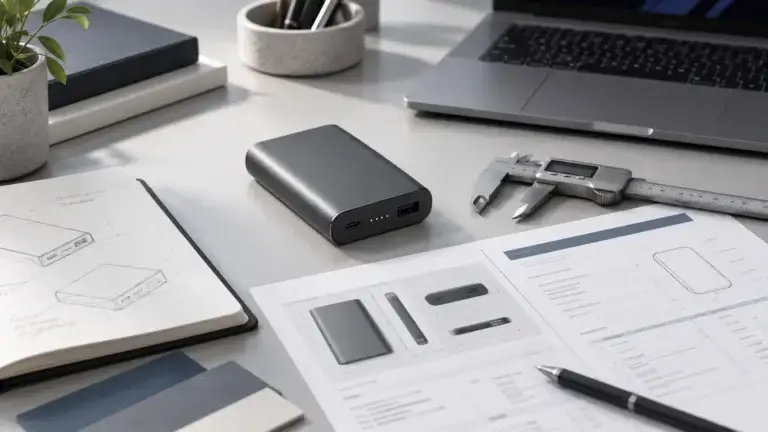 Power bank beside sketches, a caliper and a laptop on a design desk