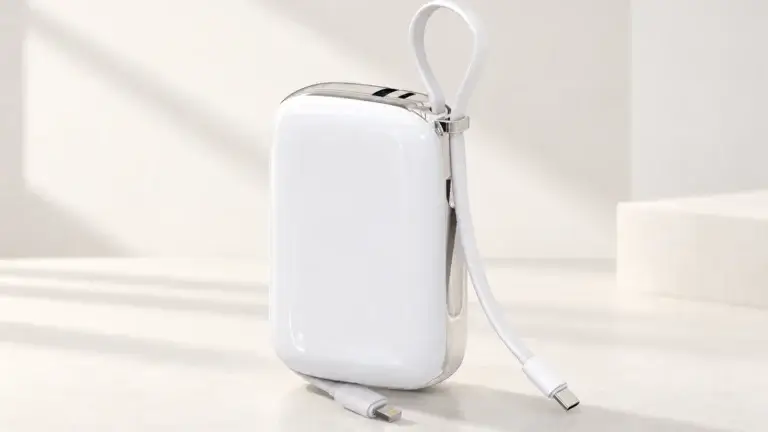 White ZEROSET-style power bank studio illustration with two built-in charging connectors