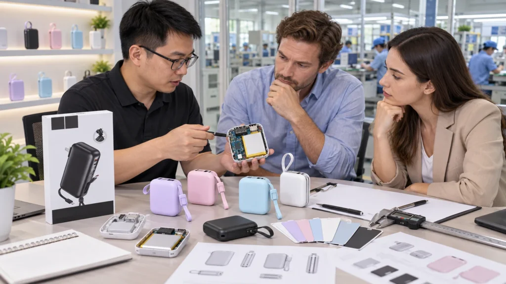 Buyer team reviewing product samples, electronics, finishes and retail packaging