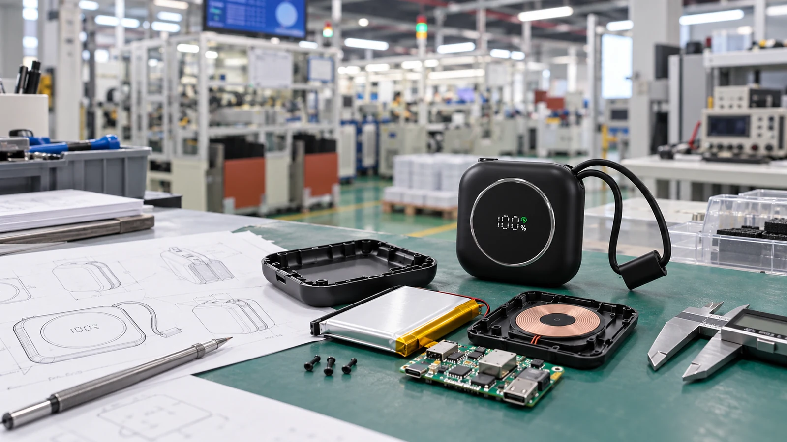 Private mold power bank prototype with enclosure, battery, PCB, wireless charging coil and factory engineering workbench