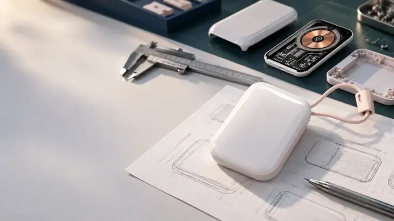 Private mold power bank prototype with sketches, housing parts, PCB and wireless charging coil on an engineering workbench