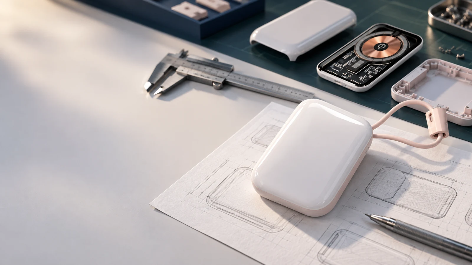 Private mold power bank prototype with sketches, housing parts, PCB and wireless charging coil on an engineering workbench
