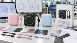 Platform-based ODM power bank samples with CMF colors, cable options, finish swatches and retail packaging