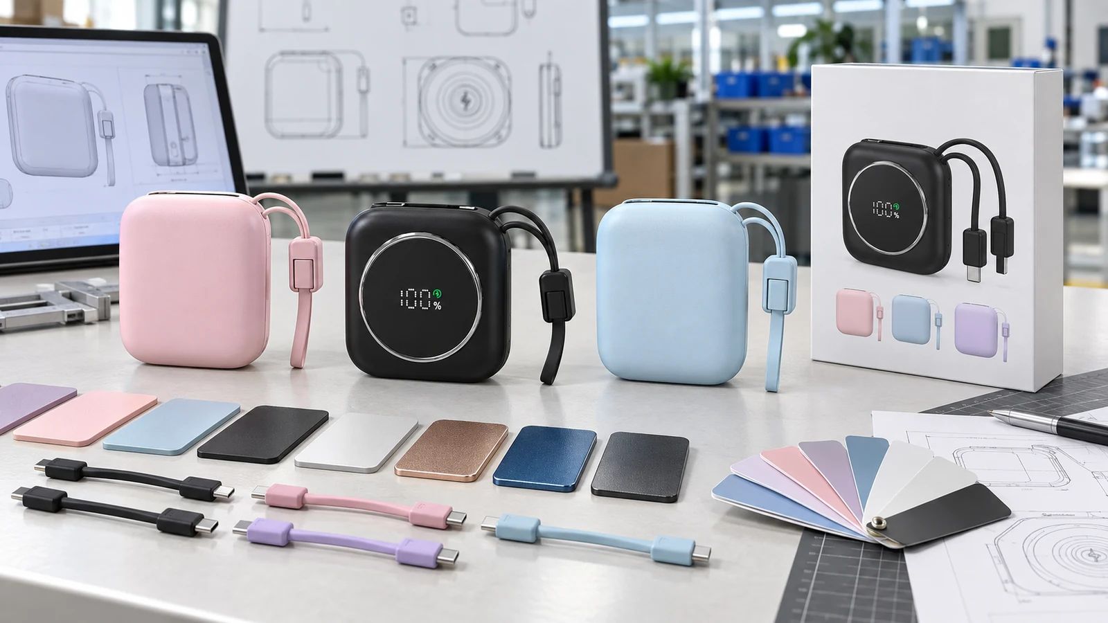 Platform-based ODM power bank samples with CMF colors, cable options, finish swatches and retail packaging