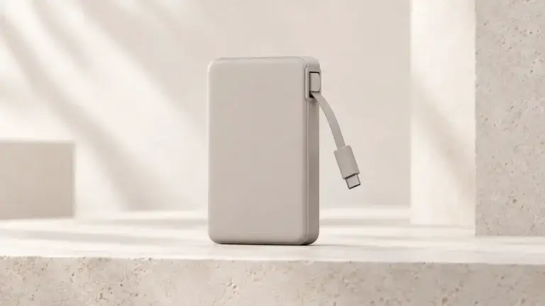 Компактный пауэрбанк со встроенным кабелем USB-C, студийная иллюстрация