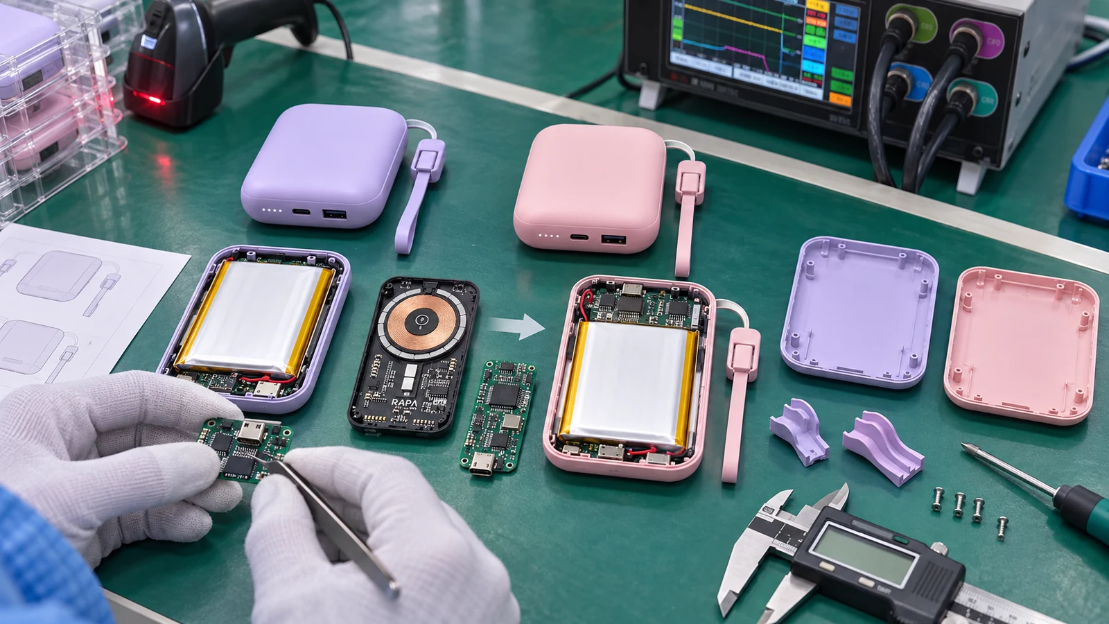 Controlled power bank upgrade with revised PCB, USB-C interface, battery pack, cable routing and enclosure samples