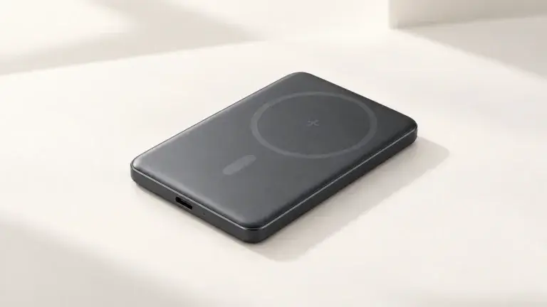Tmavá magnetická powerbanka na světlém stole, studiová ilustrace