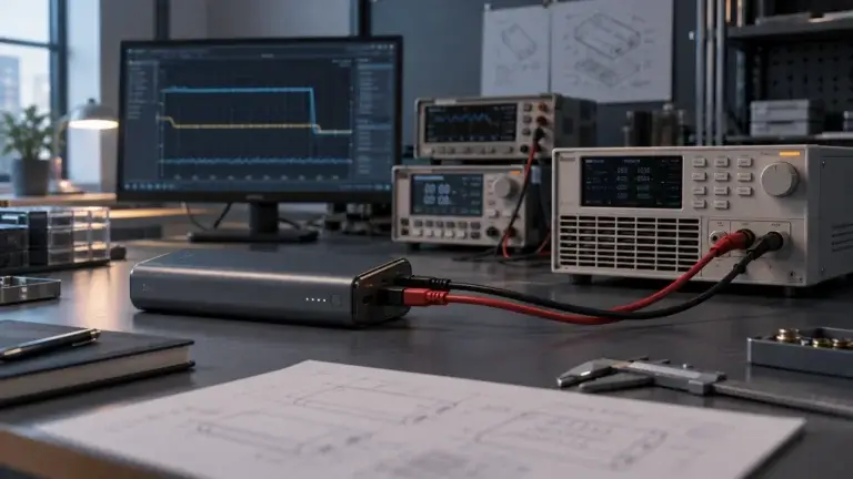 Power bank connected to electronic test equipment on a workbench