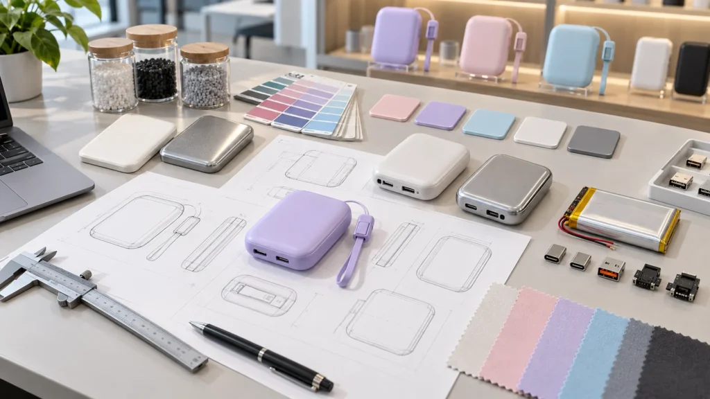 Power bank project definition with industrial design sketches, CMF swatches, materials, battery and connector options