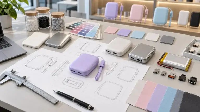 Power bank project definition with industrial design sketches, CMF swatches, materials, battery and connector options
