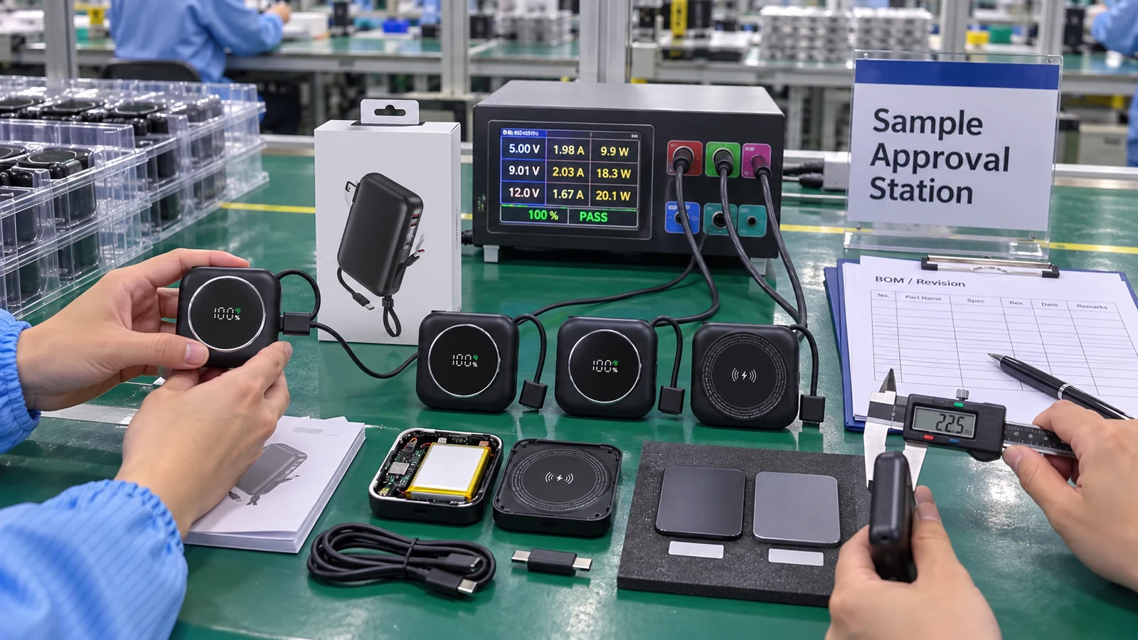 Sample validation for charging, finish, packaging and approved BOM