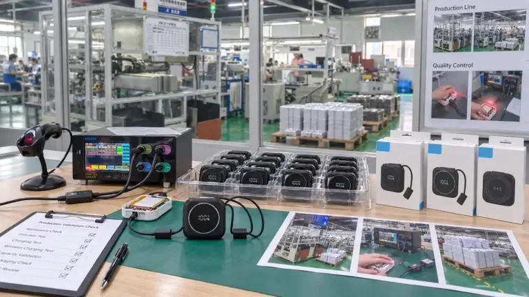 ZEROSET factory evidence with power bank production line, finished product trays, testing equipment, packaging and inspection records
