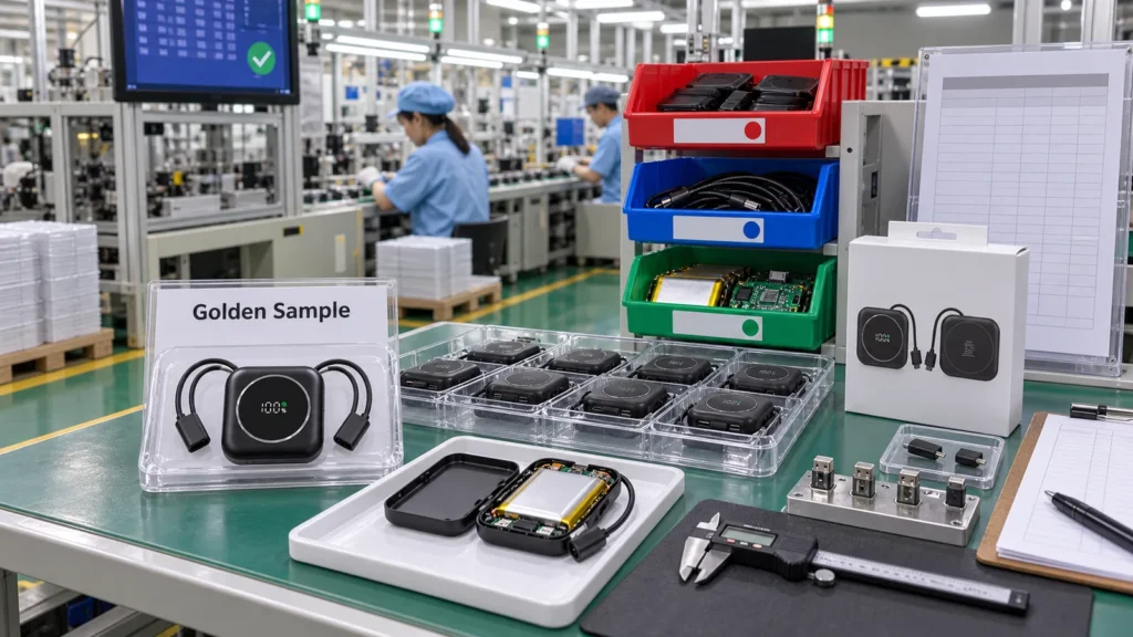 Power bank NPI change control with golden sample, production units, open comparison sample, parts bins and inspection tools