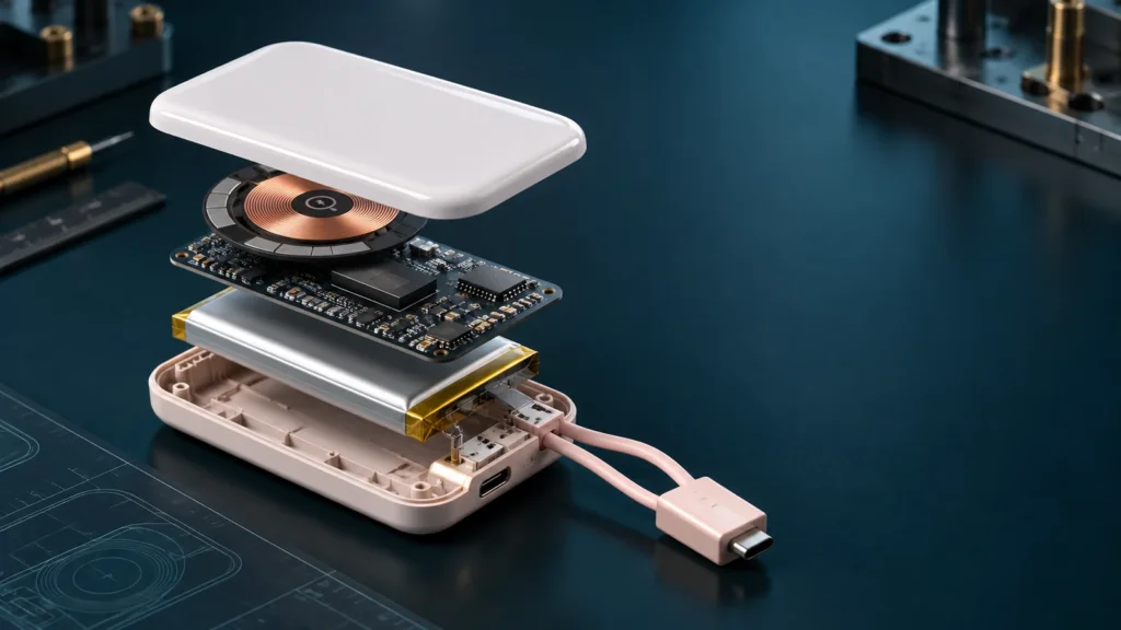 Power bank engineering cutaway showing battery PCB coil connectors and cable space