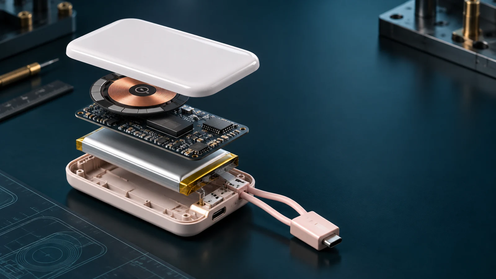 Thin power bank cutaway showing battery, PCB, charging coil, connector and cable module