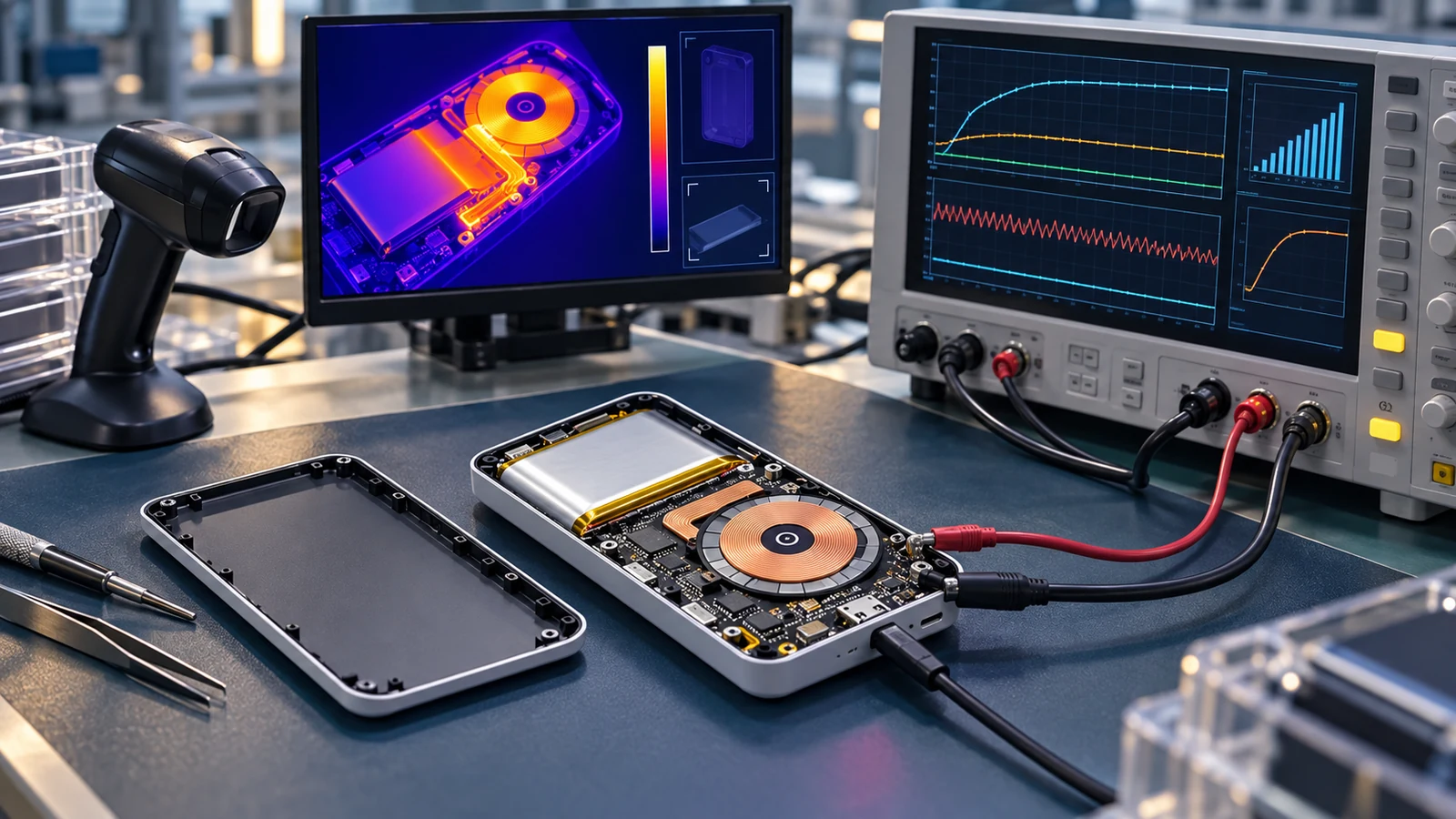 Power bank prototype connected to validation instruments for PCB, battery and thermal testing
