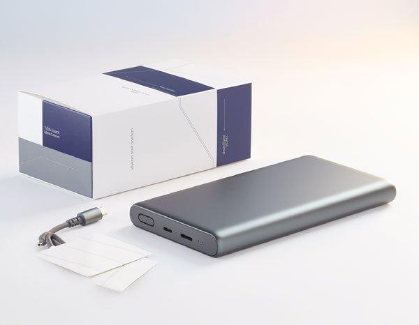 Illustrative 10,000mAh wired retail power bank project with packaging, cable and manual