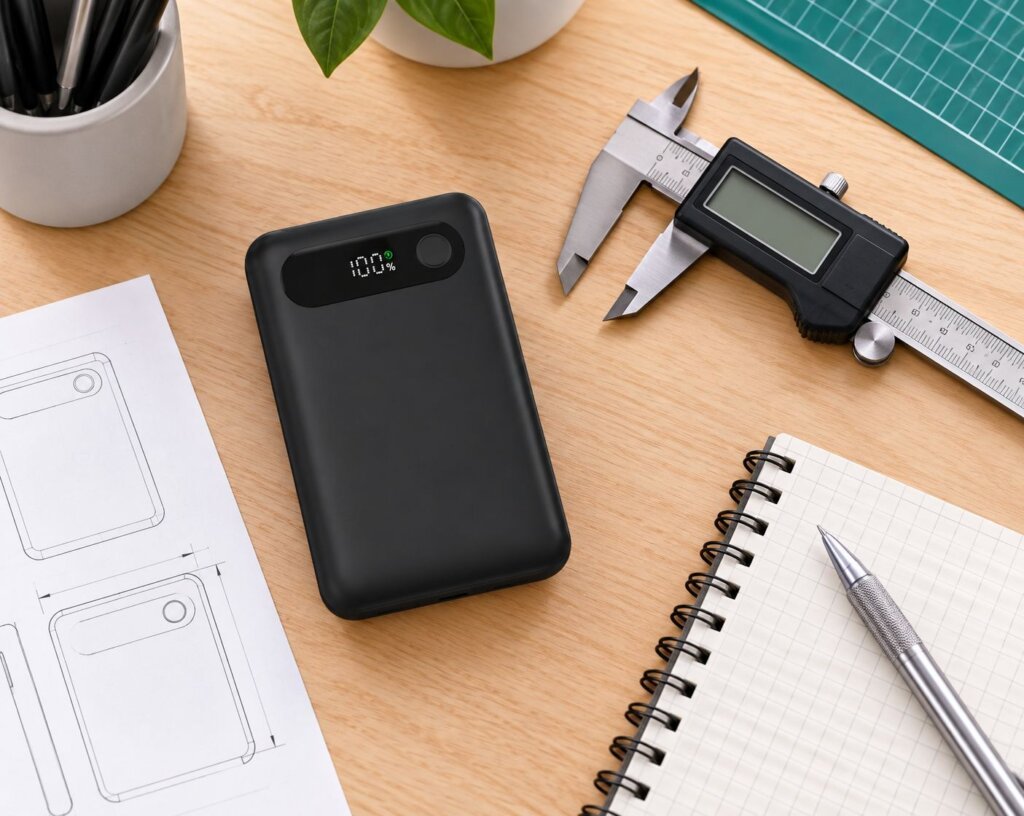 Exploded portable charger enclosure with circuit board and internal parts