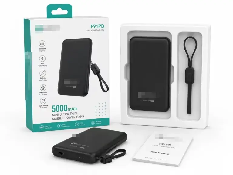 Four-SKU 5K, 10K and 20K power bank program with product and packaging logos obscured