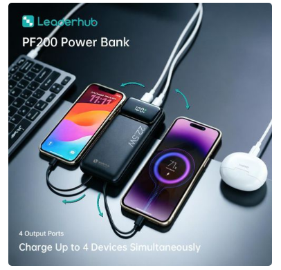 Leaderhub PF200 20000mAh 22.5W power bank charging multiple devices