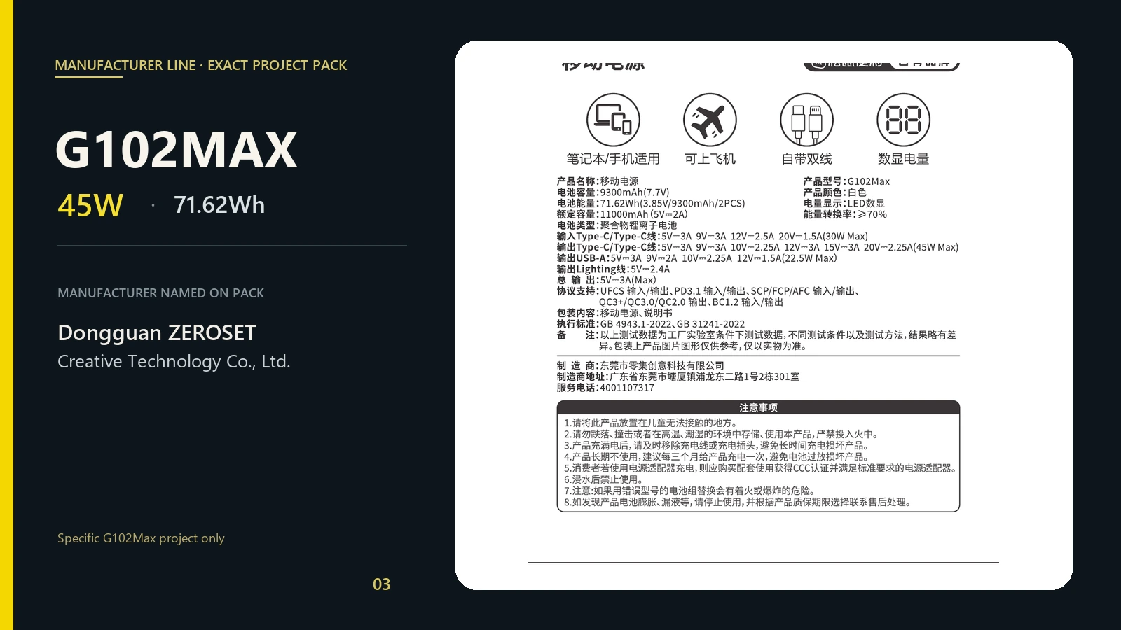 G102Max 45W built-in cable project specification evidence