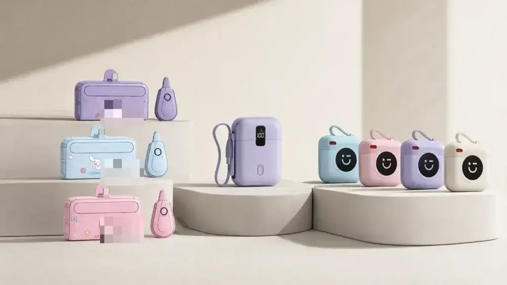 Power bank product family with character branding obscured