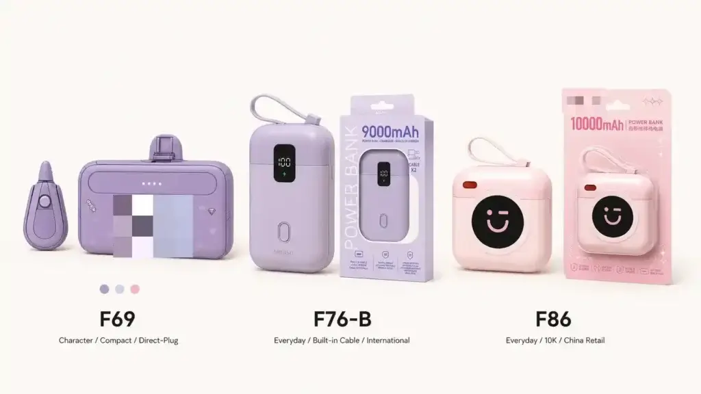 F69, F76-B and F86 retail role comparison with character and brand marks obscured