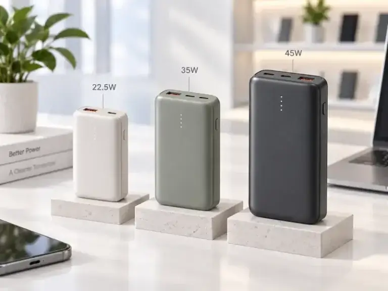 Three power banks showing 22.5W, 35W and 45W charging tiers