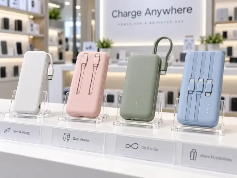 Built-in cable power banks displayed in a retail setting