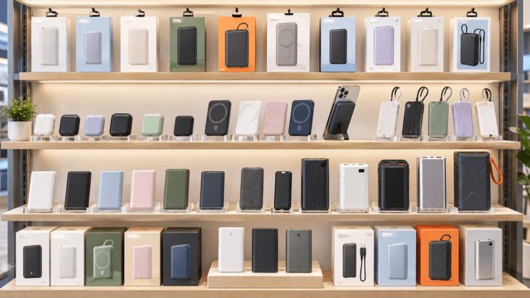 Colorful unbranded power banks arranged on a realistic electronics retail shelf