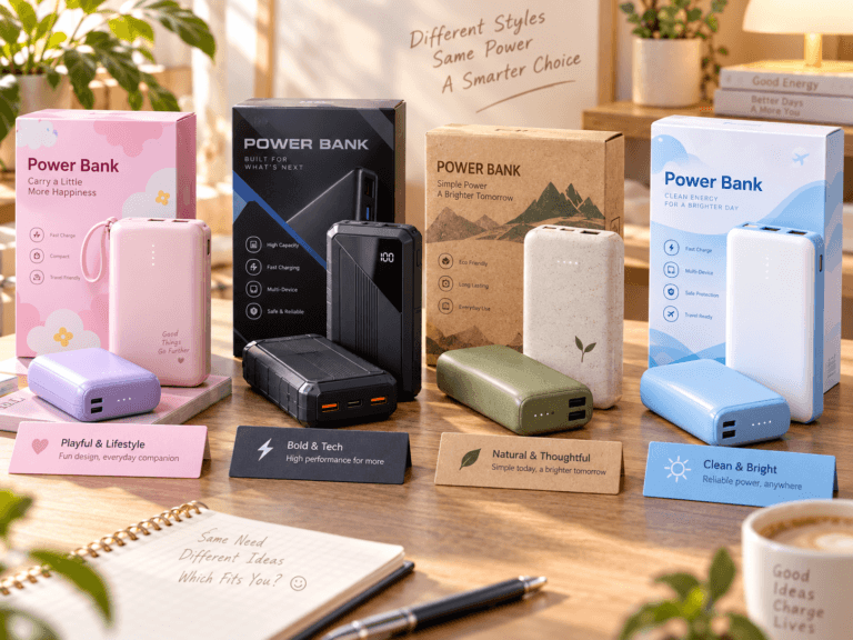 Four unbranded power bank product families with different retail design languages