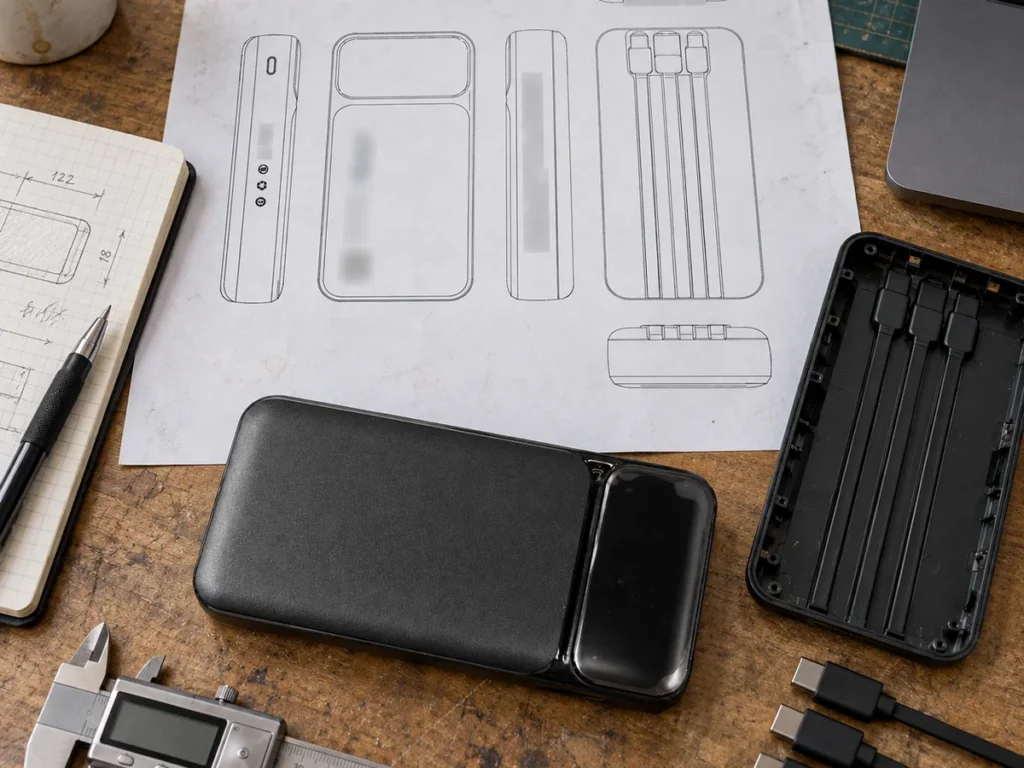 Power bank engineering handoff with product drawings, enclosure and integrated cables