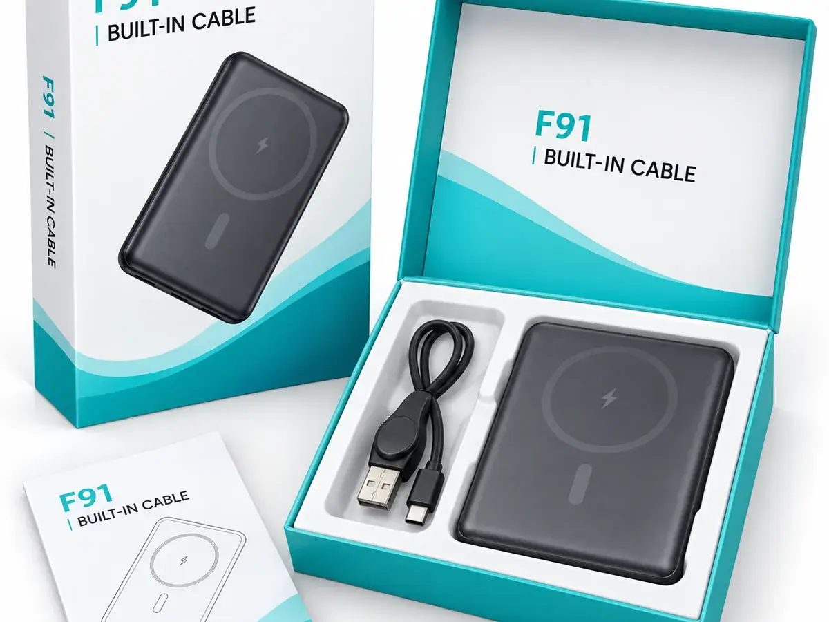 HOCO F91 built-in-cable power bank retail presentation