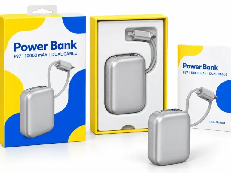 F97 10000mAh dual-cable power bank packaging with licensed identity removed