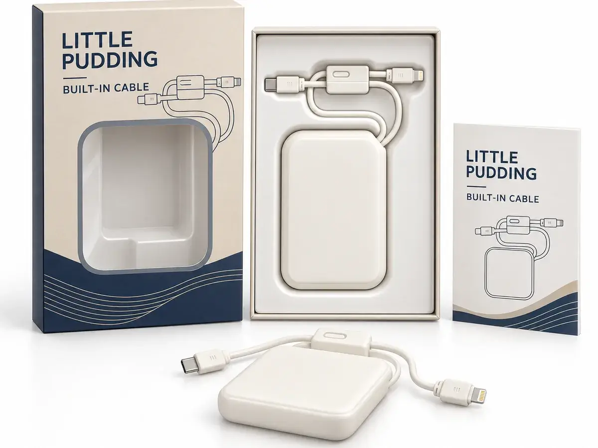 WIWU Little Pudding compact built-in-cable power bank retail presentation
